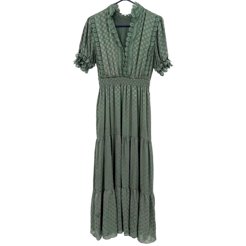 Max Studio Size Medium Green Short Sleeve Maxi Dress Tiered Skirt V Neck